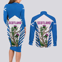 Scotland Thistle and Saltire Couples Matching Long Sleeve Bodycon Dress and Long Sleeve Button Shirt with Blue and White National Design - Wonder Print Shop