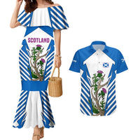 Scotland Thistle and Saltire Couples Matching Mermaid Dress and Hawaiian Shirt with Blue and White National Design - Wonder Print Shop