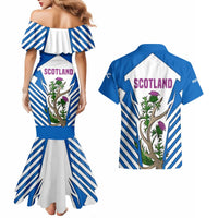 Scotland Thistle and Saltire Couples Matching Mermaid Dress and Hawaiian Shirt with Blue and White National Design - Wonder Print Shop