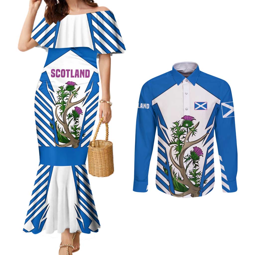 Scotland Thistle and Saltire Couples Matching Mermaid Dress and Long Sleeve Button Shirt with Blue and White National Design - Wonder Print Shop