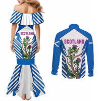 Scotland Thistle and Saltire Couples Matching Mermaid Dress and Long Sleeve Button Shirt with Blue and White National Design - Wonder Print Shop