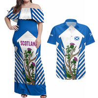 Scotland Thistle and Saltire Couples Matching Off Shoulder Maxi Dress and Hawaiian Shirt with Blue and White National Design - Wonder Print Shop