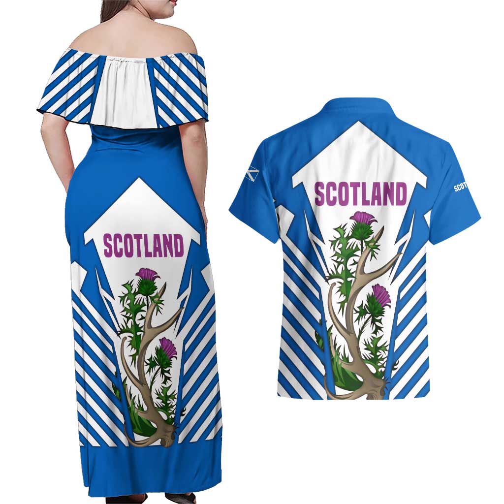 Scotland Thistle and Saltire Couples Matching Off Shoulder Maxi Dress and Hawaiian Shirt with Blue and White National Design - Wonder Print Shop