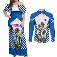 Scotland Thistle and Saltire Couples Matching Off Shoulder Maxi Dress and Long Sleeve Button Shirt with Blue and White National Design - Wonder Print Shop