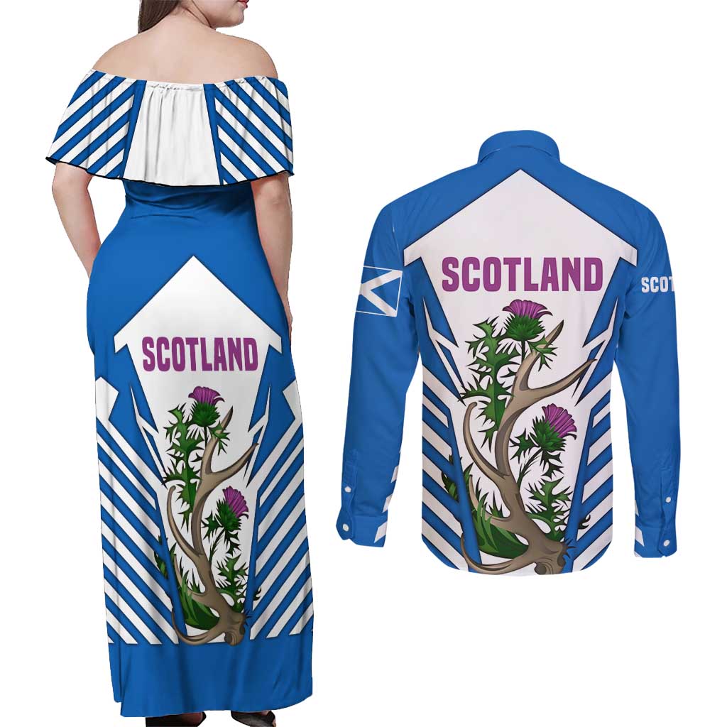 Scotland Thistle and Saltire Couples Matching Off Shoulder Maxi Dress and Long Sleeve Button Shirt with Blue and White National Design - Wonder Print Shop