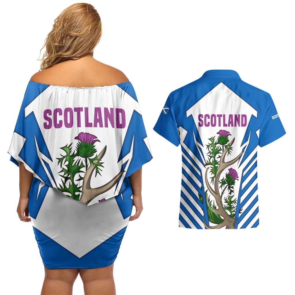 Scotland Thistle and Saltire Couples Matching Off Shoulder Short Dress and Hawaiian Shirt with Blue and White National Design - Wonder Print Shop