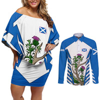 Scotland Thistle and Saltire Couples Matching Off Shoulder Short Dress and Long Sleeve Button Shirt with Blue and White National Design - Wonder Print Shop