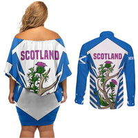 Scotland Thistle and Saltire Couples Matching Off Shoulder Short Dress and Long Sleeve Button Shirt with Blue and White National Design - Wonder Print Shop