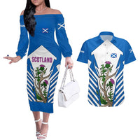 Scotland Thistle and Saltire Couples Matching Off The Shoulder Long Sleeve Dress and Hawaiian Shirt with Blue and White National Design - Wonder Print Shop