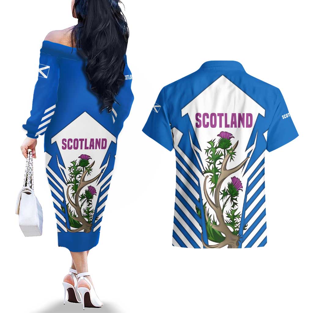 Scotland Thistle and Saltire Couples Matching Off The Shoulder Long Sleeve Dress and Hawaiian Shirt with Blue and White National Design - Wonder Print Shop