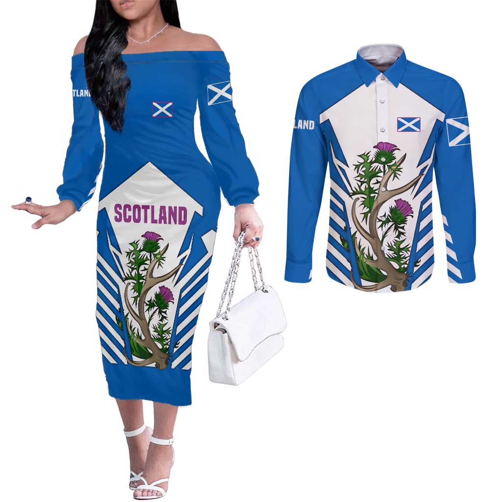 Scotland Thistle and Saltire Couples Matching Off The Shoulder Long Sleeve Dress and Long Sleeve Button Shirt with Blue and White National Design - Wonder Print Shop
