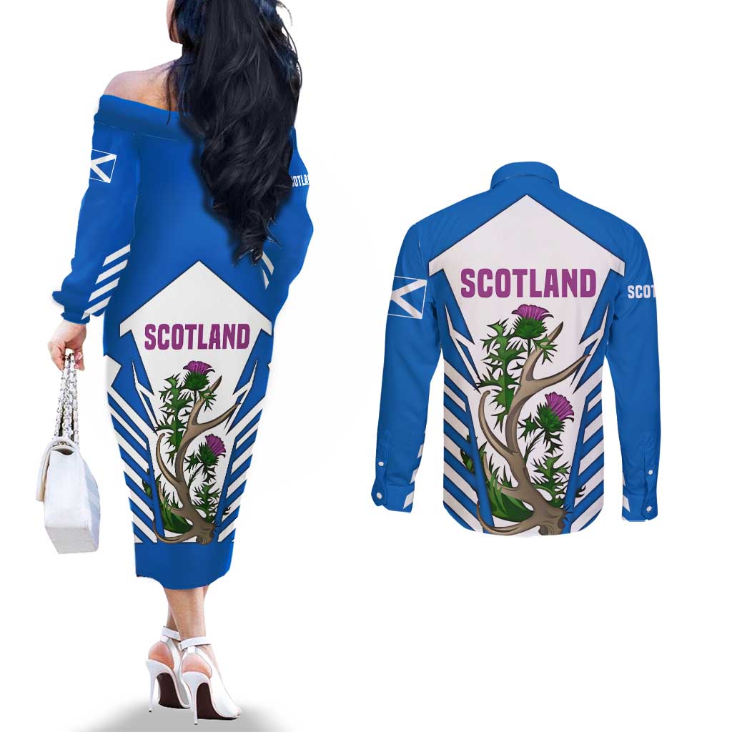 Scotland Thistle and Saltire Couples Matching Off The Shoulder Long Sleeve Dress and Long Sleeve Button Shirt with Blue and White National Design - Wonder Print Shop