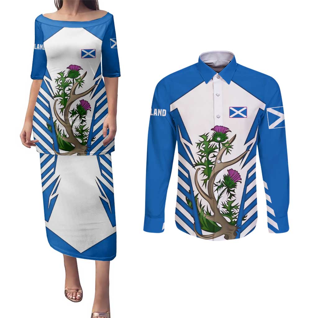 Scotland Thistle and Saltire Couples Matching Puletasi and Long Sleeve Button Shirt with Blue and White National Design - Wonder Print Shop