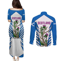 Scotland Thistle and Saltire Couples Matching Puletasi and Long Sleeve Button Shirt with Blue and White National Design - Wonder Print Shop