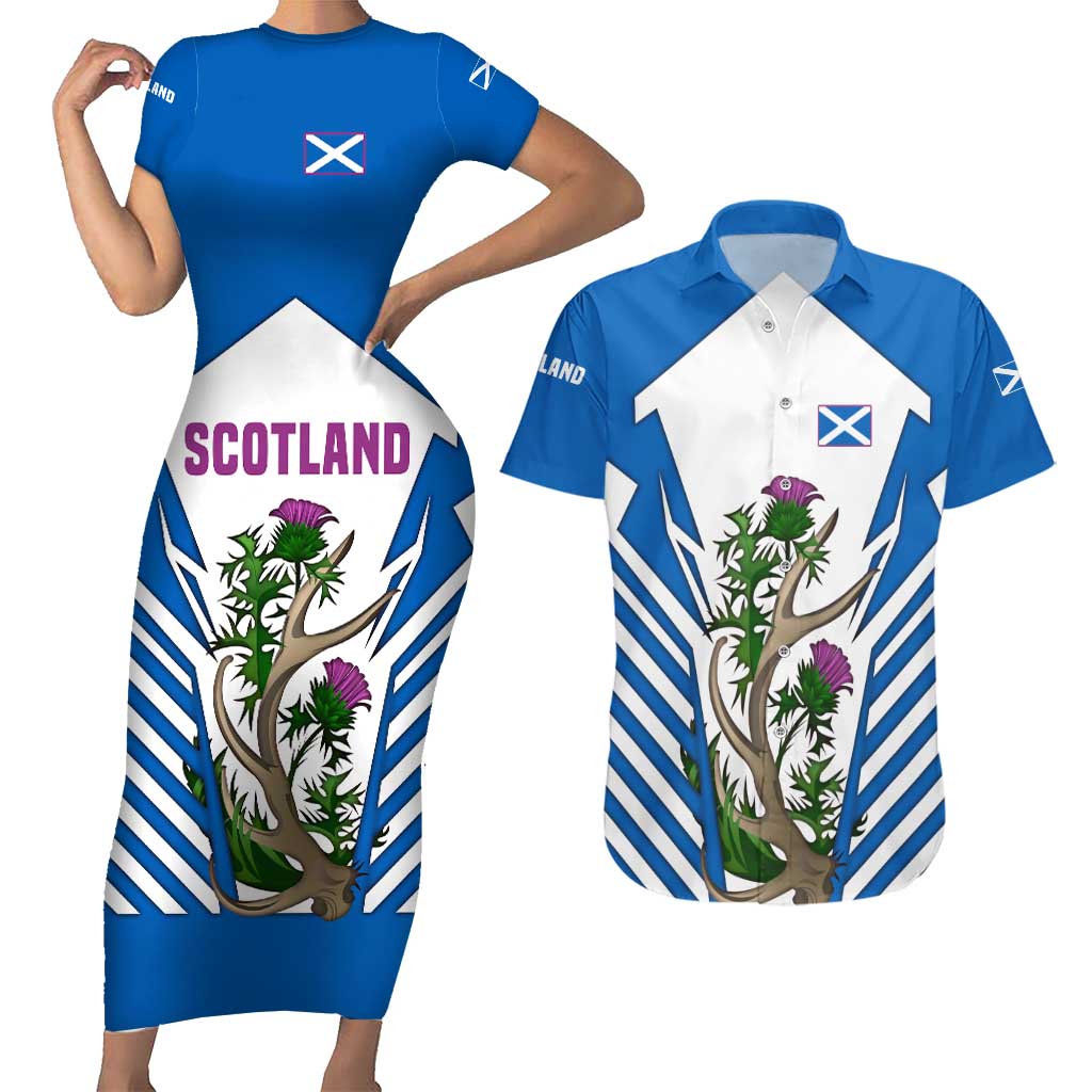 Scotland Thistle and Saltire Couples Matching Short Sleeve Bodycon Dress and Hawaiian Shirt with Blue and White National Design - Wonder Print Shop