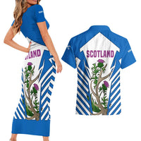 Scotland Thistle and Saltire Couples Matching Short Sleeve Bodycon Dress and Hawaiian Shirt with Blue and White National Design - Wonder Print Shop