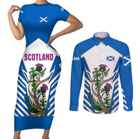 Scotland Thistle and Saltire Couples Matching Short Sleeve Bodycon Dress and Long Sleeve Button Shirt with Blue and White National Design - Wonder Print Shop