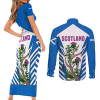 Scotland Thistle and Saltire Couples Matching Short Sleeve Bodycon Dress and Long Sleeve Button Shirt with Blue and White National Design - Wonder Print Shop