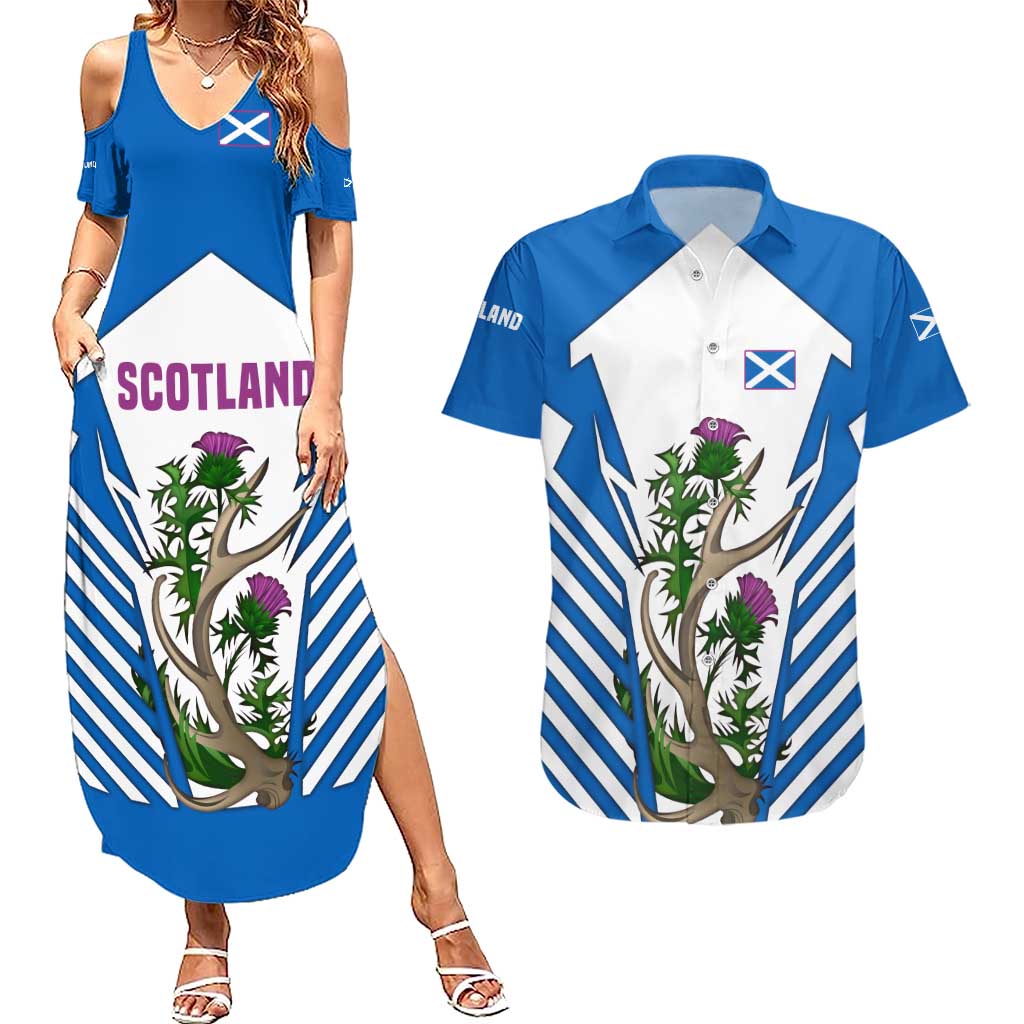 Scotland Thistle and Saltire Couples Matching Summer Maxi Dress and Hawaiian Shirt with Blue and White National Design - Wonder Print Shop