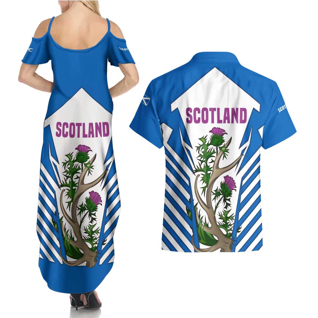 Scotland Thistle and Saltire Couples Matching Summer Maxi Dress and Hawaiian Shirt with Blue and White National Design - Wonder Print Shop