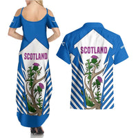 Scotland Thistle and Saltire Couples Matching Summer Maxi Dress and Hawaiian Shirt with Blue and White National Design - Wonder Print Shop