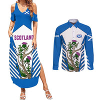 Scotland Thistle and Saltire Couples Matching Summer Maxi Dress and Long Sleeve Button Shirt with Blue and White National Design - Wonder Print Shop