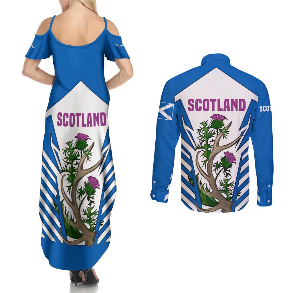 Scotland Thistle and Saltire Couples Matching Summer Maxi Dress and Long Sleeve Button Shirt with Blue and White National Design - Wonder Print Shop