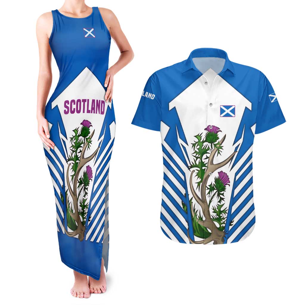 Scotland Thistle and Saltire Couples Matching Tank Maxi Dress and Hawaiian Shirt with Blue and White National Design - Wonder Print Shop