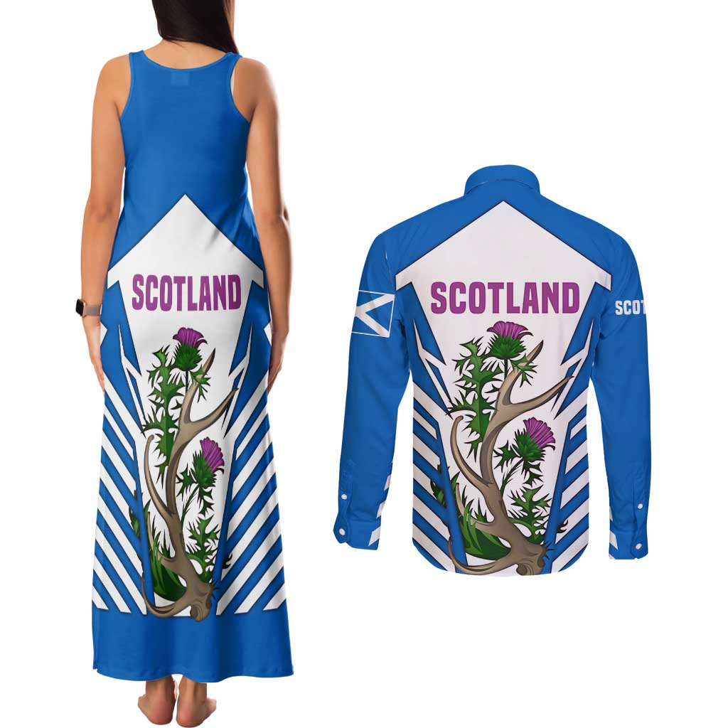 Scotland Thistle and Saltire Couples Matching Tank Maxi Dress and Long Sleeve Button Shirt with Blue and White National Design - Wonder Print Shop