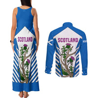Scotland Thistle and Saltire Couples Matching Tank Maxi Dress and Long Sleeve Button Shirt with Blue and White National Design - Wonder Print Shop