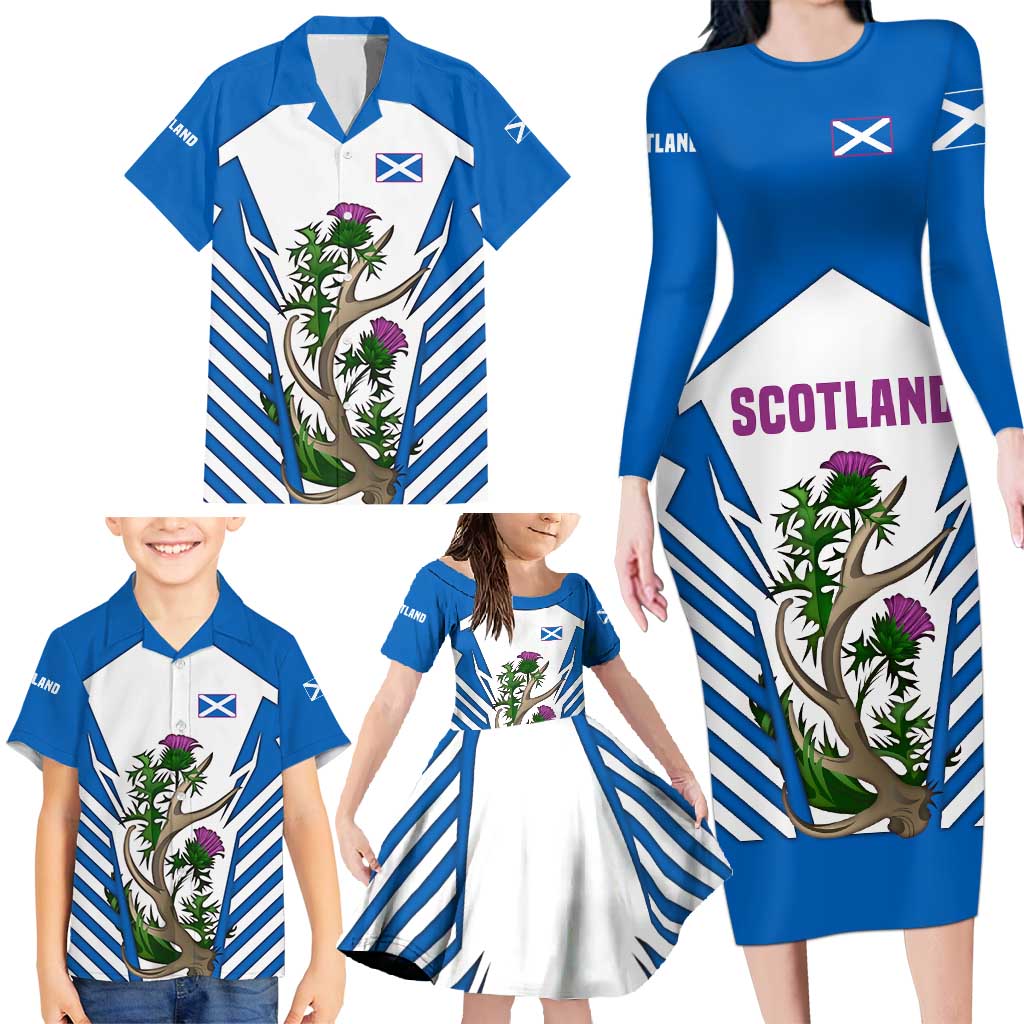 Scotland Thistle and Saltire Family Matching Long Sleeve Bodycon Dress and Hawaiian Shirt with Blue and White National Design - Wonder Print Shop
