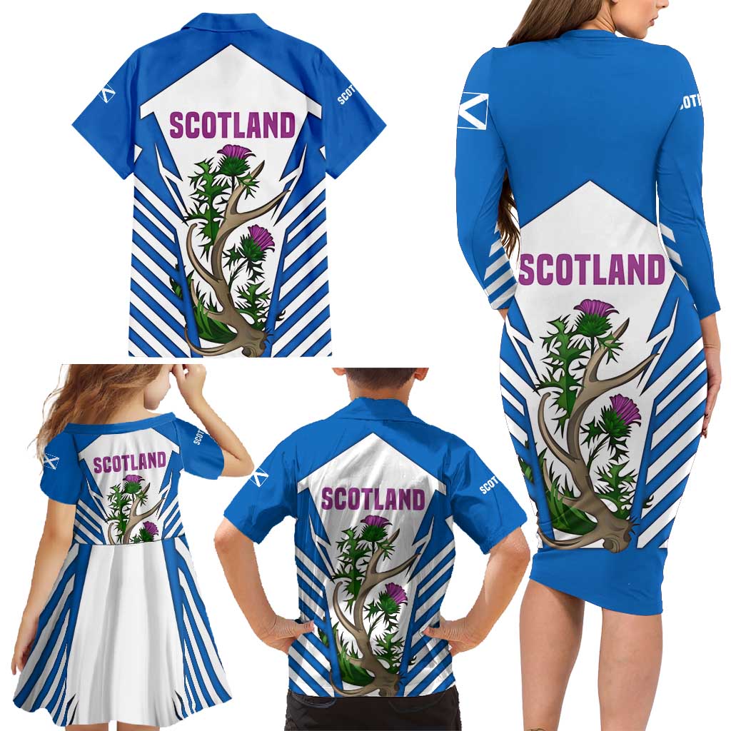 Scotland Thistle and Saltire Family Matching Long Sleeve Bodycon Dress and Hawaiian Shirt with Blue and White National Design - Wonder Print Shop