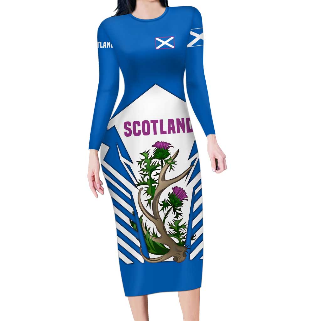 Scotland Thistle and Saltire Family Matching Long Sleeve Bodycon Dress and Hawaiian Shirt with Blue and White National Design - Wonder Print Shop