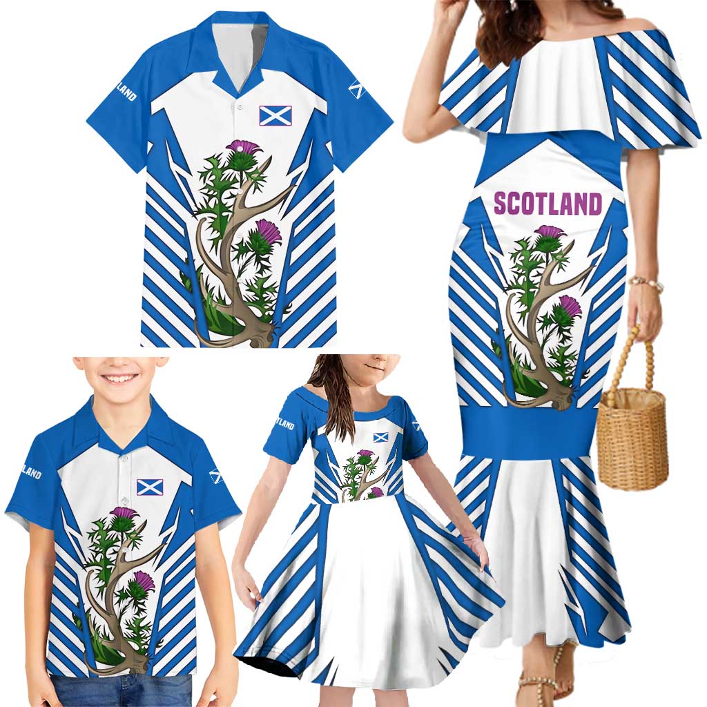 Scotland Thistle and Saltire Family Matching Mermaid Dress and Hawaiian Shirt with Blue and White National Design - Wonder Print Shop