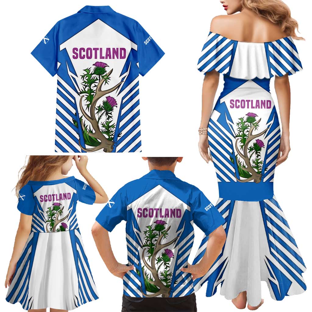 Scotland Thistle and Saltire Family Matching Mermaid Dress and Hawaiian Shirt with Blue and White National Design - Wonder Print Shop