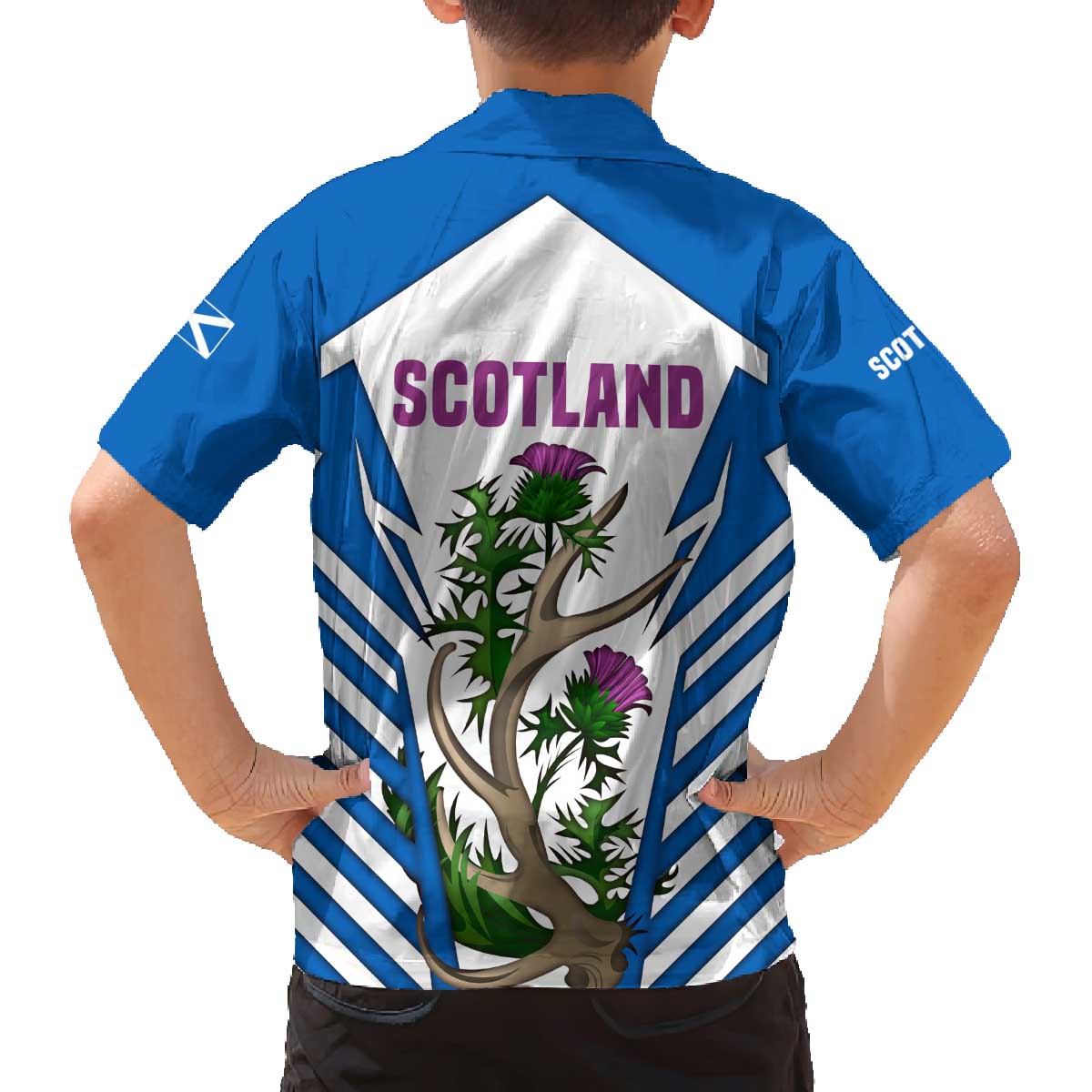 Scotland Thistle and Saltire Family Matching Off The Shoulder Long Sleeve Dress and Hawaiian Shirt with Blue and White National Design - Wonder Print Shop