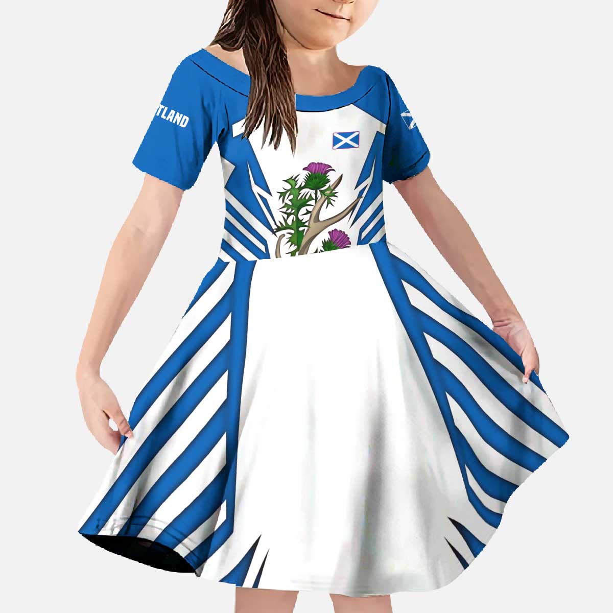 Scotland Thistle and Saltire Family Matching Off The Shoulder Long Sleeve Dress and Hawaiian Shirt with Blue and White National Design - Wonder Print Shop