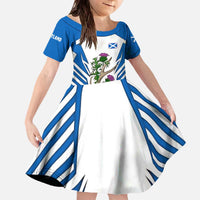 Scotland Thistle and Saltire Family Matching Off The Shoulder Long Sleeve Dress and Hawaiian Shirt with Blue and White National Design - Wonder Print Shop