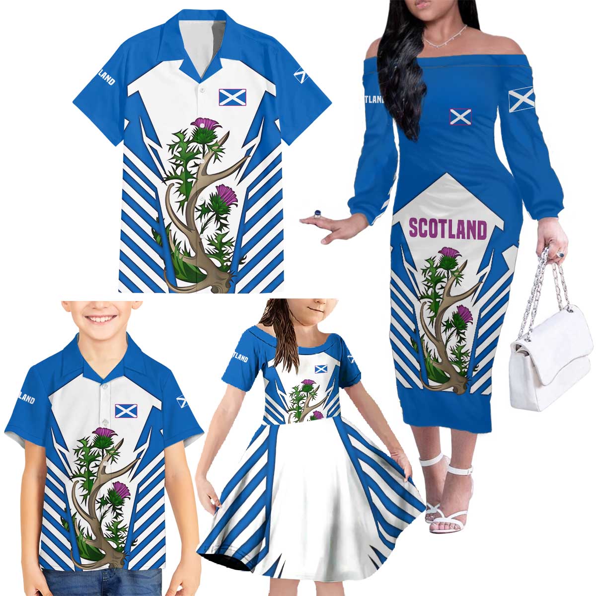 Scotland Thistle and Saltire Family Matching Off The Shoulder Long Sleeve Dress and Hawaiian Shirt with Blue and White National Design - Wonder Print Shop