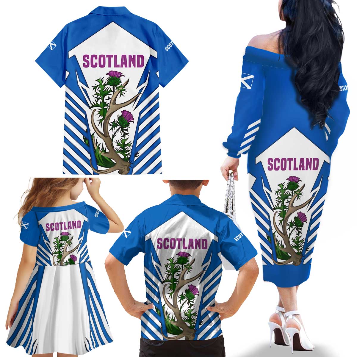Scotland Thistle and Saltire Family Matching Off The Shoulder Long Sleeve Dress and Hawaiian Shirt with Blue and White National Design - Wonder Print Shop
