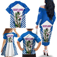 Scotland Thistle and Saltire Family Matching Off The Shoulder Long Sleeve Dress and Hawaiian Shirt with Blue and White National Design - Wonder Print Shop