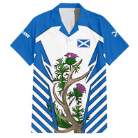 Scotland Thistle and Saltire Family Matching Off The Shoulder Long Sleeve Dress and Hawaiian Shirt with Blue and White National Design - Wonder Print Shop