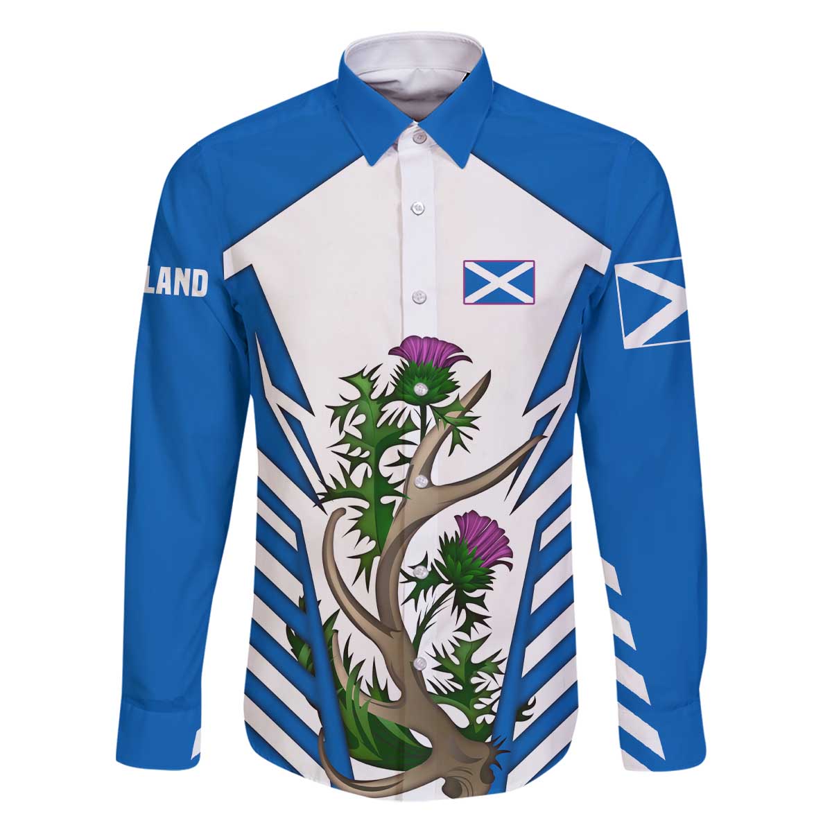 Scotland Thistle and Saltire Family Matching Off The Shoulder Long Sleeve Dress and Hawaiian Shirt with Blue and White National Design - Wonder Print Shop