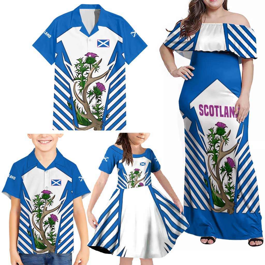 Scotland Thistle and Saltire Family Matching Off Shoulder Maxi Dress and Hawaiian Shirt with Blue and White National Design - Wonder Print Shop