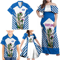 Scotland Thistle and Saltire Family Matching Off Shoulder Maxi Dress and Hawaiian Shirt with Blue and White National Design - Wonder Print Shop