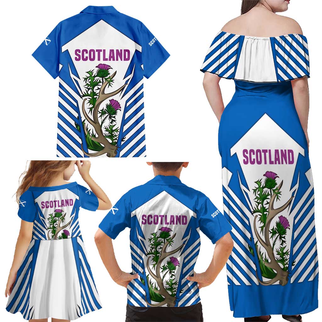 Scotland Thistle and Saltire Family Matching Off Shoulder Maxi Dress and Hawaiian Shirt with Blue and White National Design - Wonder Print Shop