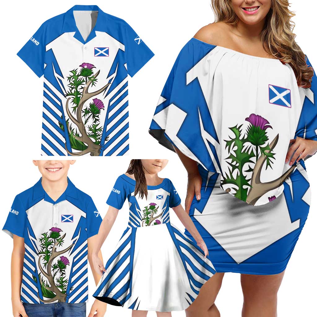 Scotland Thistle and Saltire Family Matching Off Shoulder Short Dress and Hawaiian Shirt with Blue and White National Design - Wonder Print Shop