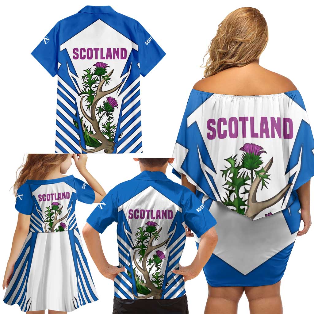 Scotland Thistle and Saltire Family Matching Off Shoulder Short Dress and Hawaiian Shirt with Blue and White National Design - Wonder Print Shop