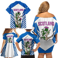 Scotland Thistle and Saltire Family Matching Off Shoulder Short Dress and Hawaiian Shirt with Blue and White National Design - Wonder Print Shop