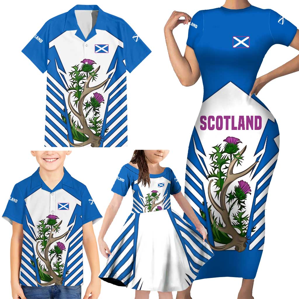 Scotland Thistle and Saltire Family Matching Short Sleeve Bodycon Dress and Hawaiian Shirt with Blue and White National Design - Wonder Print Shop